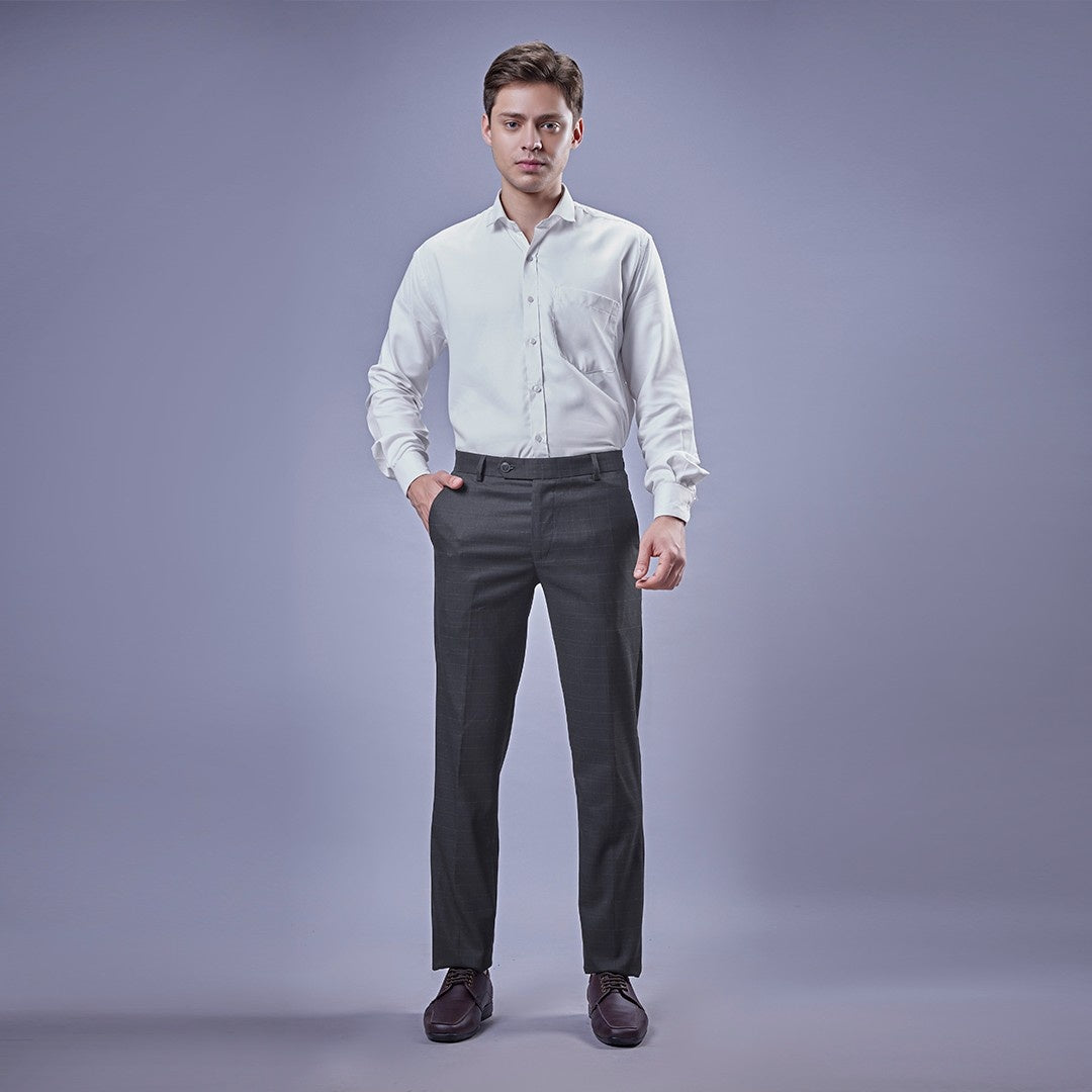 Men’s Yarn Dyed Black Check Formal Trousers | French Fly | Rich Poly-Viscose Fabric | Office Wear | Botanica